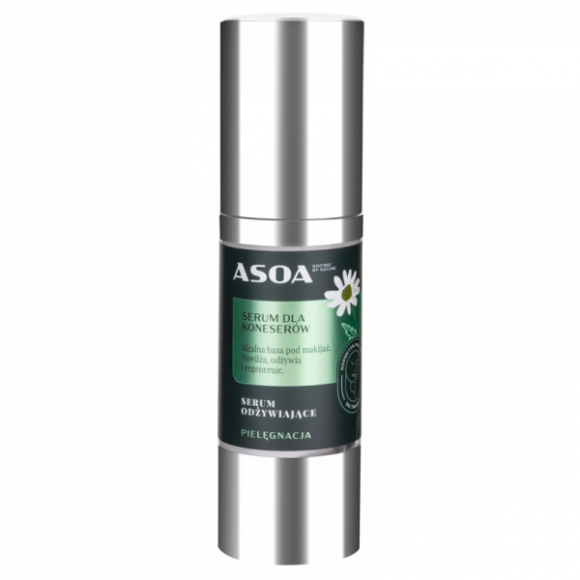 Asoa odżywcze serum dla koneserów 30 ml Serum stworzone na bazie hydrolatów wzbogacone olejami i witaminą E, dzięki czemu wszechstronnie działa na skórę, intensywnie ją nawilżając i odżywiając.